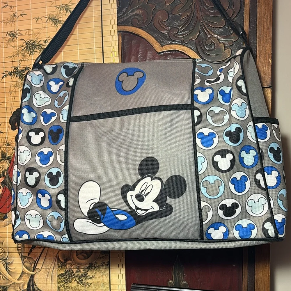 Disney Baby Diaper Bottle Shoulder Mickey Bag Grey Blue Canvas GUC 14”Lx11”Hx5”